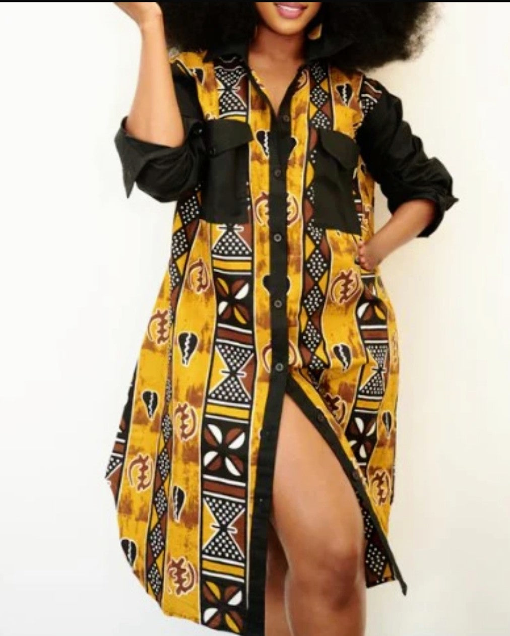 knee length dresses for ladies African Print Midi Shirt Dress – Yellow Ankara Dress main image 0