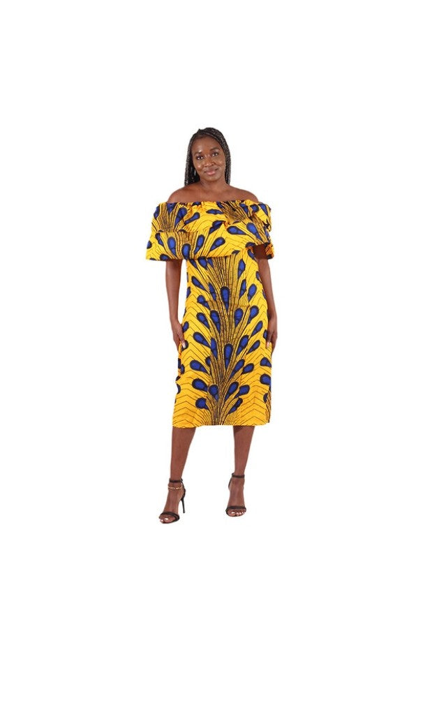 Authentic African Print Yellow Peacock Dress