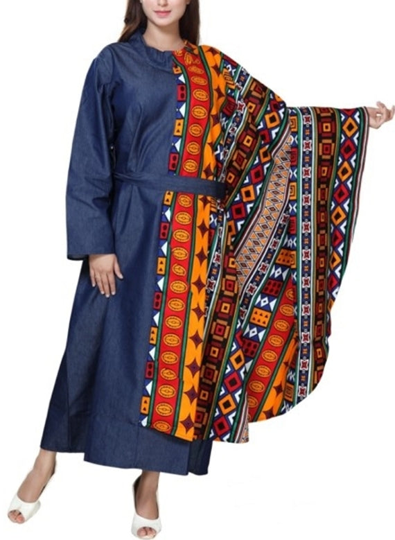 African Print Capelet and Denim Belted Dress