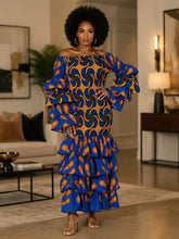 Load image into Gallery viewer, African Print Smocked Dress With Ruffles sleeves and Flair

